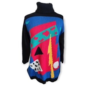 Vintage Kitty Hawk Funky Sweater Women's M Art Cowl Neck Colorful Pullover